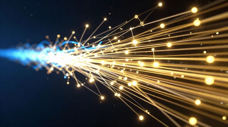 The Evolution of 800G Ethernet Connectivity Abstract digital data streams evolving from blue to bright gold light in a high-tech tunnel, representing network speed progression.
