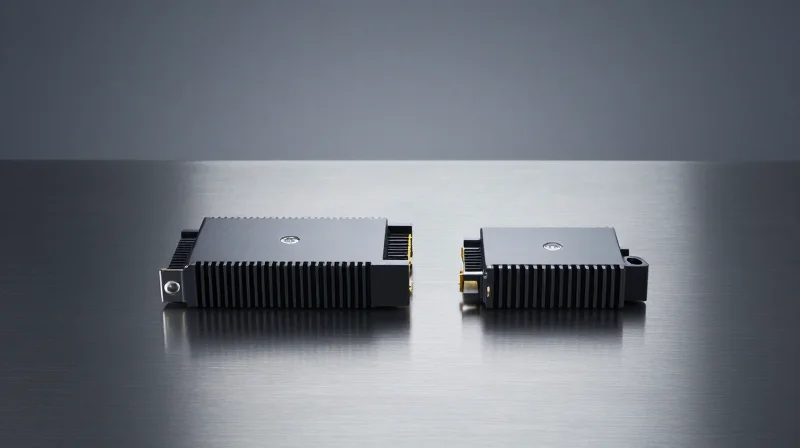 Physical Architecture: Form Factor Dimensions and Connector Types Side-by-side comparison of two high-performance optical transceiver modules on a dark reflective surface, highlighting different physical form factors.