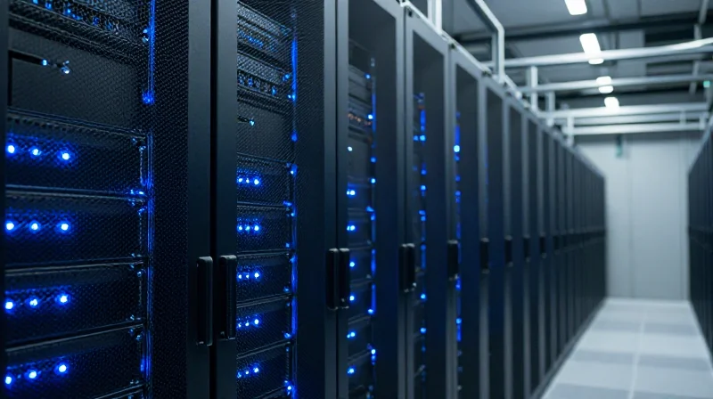 Market Adoption: Hyperscale Cloud vs. Enterprise AI Clusters Rows of high-density server racks in a modern data center with blue and white LED indicators glowing.