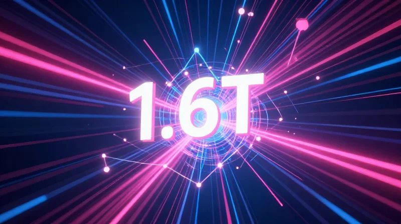 Future-Proofing: Readiness for 1.6T and Beyond Futuristic abstract representation of 1.6T networking with ultra-fast light beams and interconnected digital nodes.