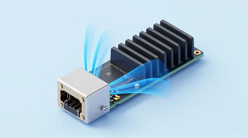 OSFP: Optimized for Thermal Excellence Isometric 3D view of an OSFP module showing integrated heat sink and airflow simulation.