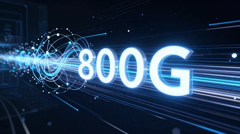 Abstract visualization of 800G data flow with glowing fiber optic streams in a futuristic network environment.