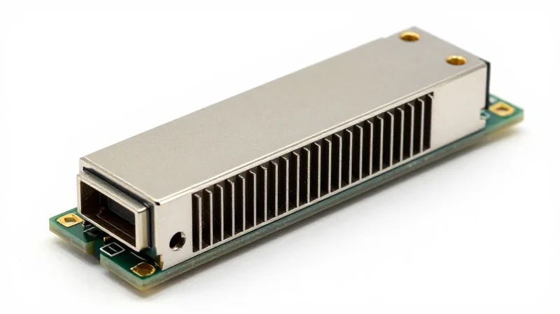Macro shot of an OSFP 800G transceiver showing the integrated metallic heat sink fins for thermal management.