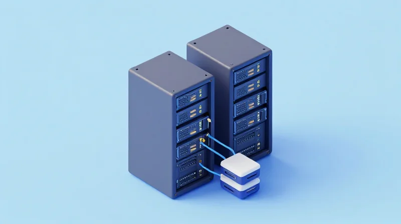 Isometric 3D illustration of network transceivers being integrated into a modular server rack system.