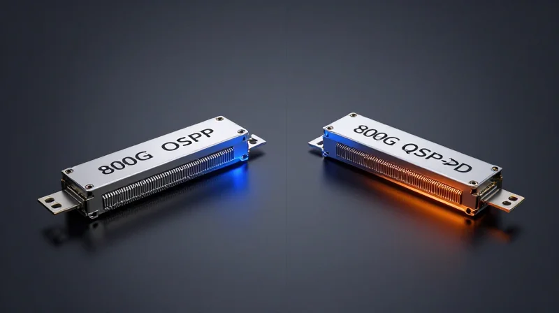 Side-by-side comparison of two different 800G module form factors showing distinct cooling designs.