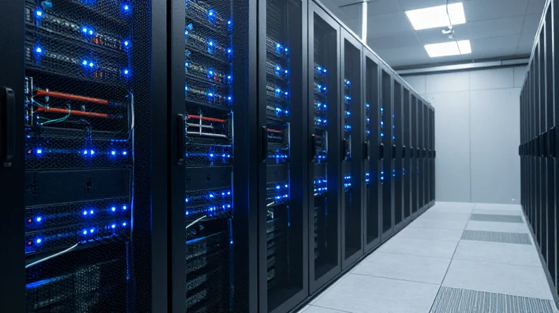 Photorealistic wide shot of a modern high-density data center with glowing blue server racks.