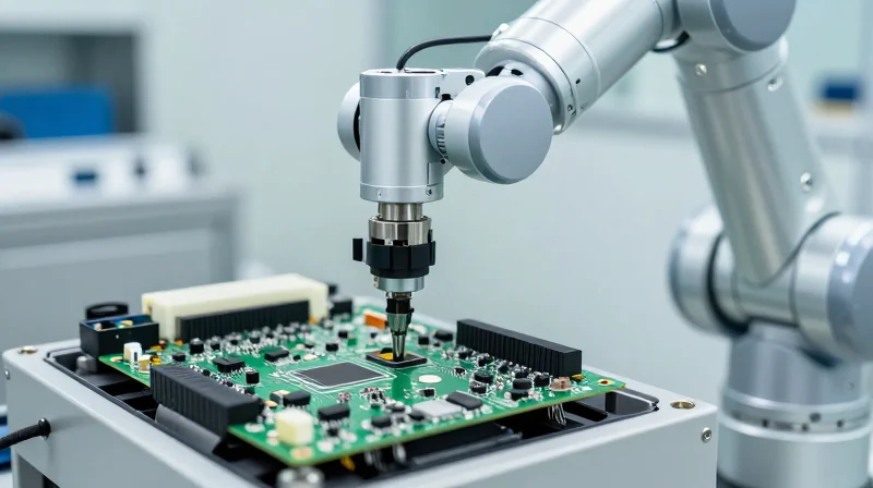 Close-up of a high-precision robotic assembly process in a cleanroom manufacturing high-tech optics.