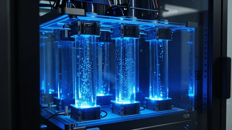 The Mechanics of Immersion Cooling for High-Speed Optics Data center server blades fully submerged in clear dielectric fluid with blue LED lighting.