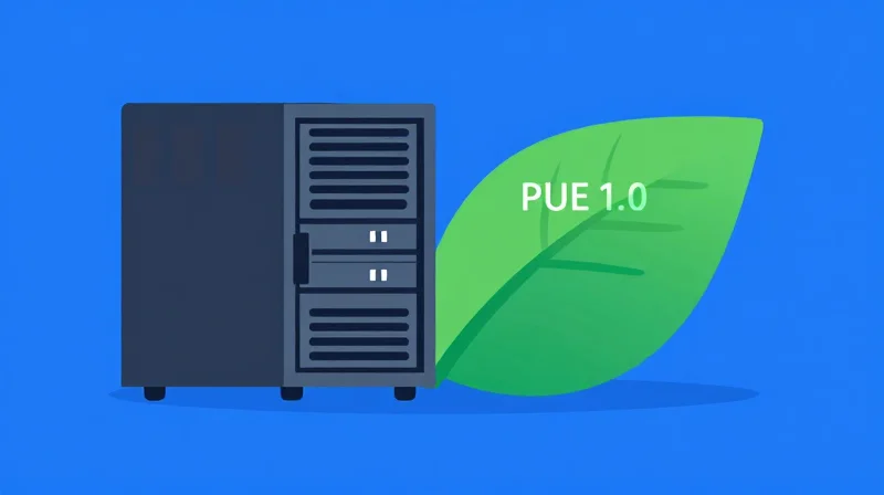 Impact on Power Usage Effectiveness (PUE) and Sustainability Flat vector illustration of a green server rack integrated with a leaf representing PUE efficiency.