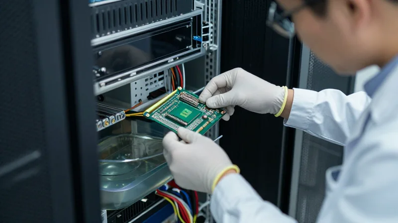 Operational Reliability and Maintenance in Liquid Environments Technician in protective gear performing maintenance on a submerged server component.