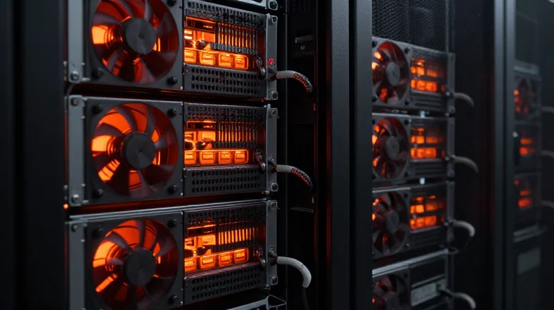 The 800G Thermal Crisis: Why Air Cooling is Failing High-density data center server rack with glowing heat indicators and industrial cooling fans representing thermal crisis.