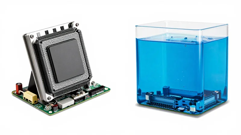 Direct-to-Chip (Cold Plate) vs. Immersion: Choosing the Right Liquid Path Side-by-side view of a direct-to-chip cold plate module and a server blade submerged in dielectric liquid.