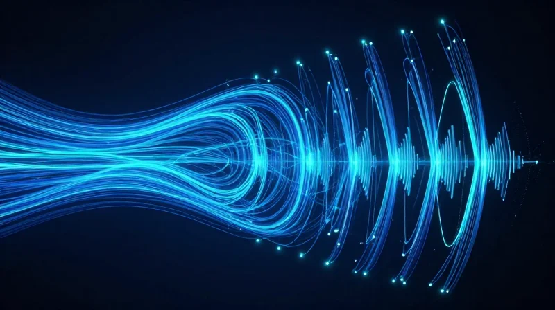 Impact on Latency and Signal Integrity at 800G Abstract visualization of stable flowing light signals representing high-speed 800G data transmission with zero interference.