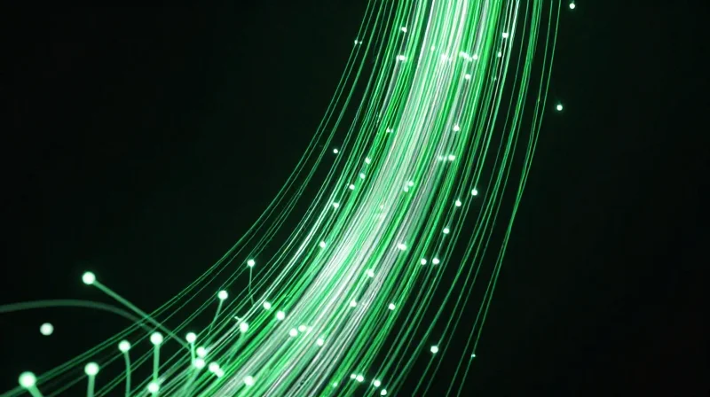 Power Usage Effectiveness (PUE) and Energy Efficiency Benchmarks Abstract visualization of energy saving through glowing green light trails flowing upward in a structured grid.