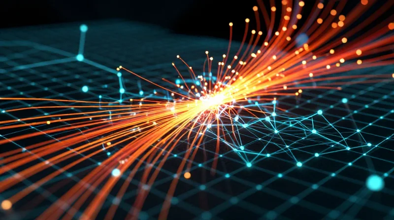 The Evolution of 800G Networking and Thermal Limits Abstract data visualization of glowing orange heat waves meeting a cool blue digital network grid, representing the thermal limit of 800G networking.