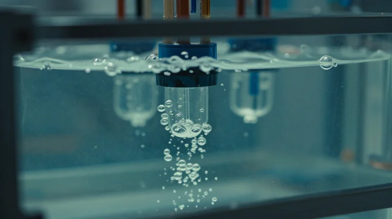 The Science of Immersion Cooling for Optical Transceivers A close-up photograph of a high-tech optical transceiver module submerged in clear, bubbling dielectric fluid inside a cooling tank.