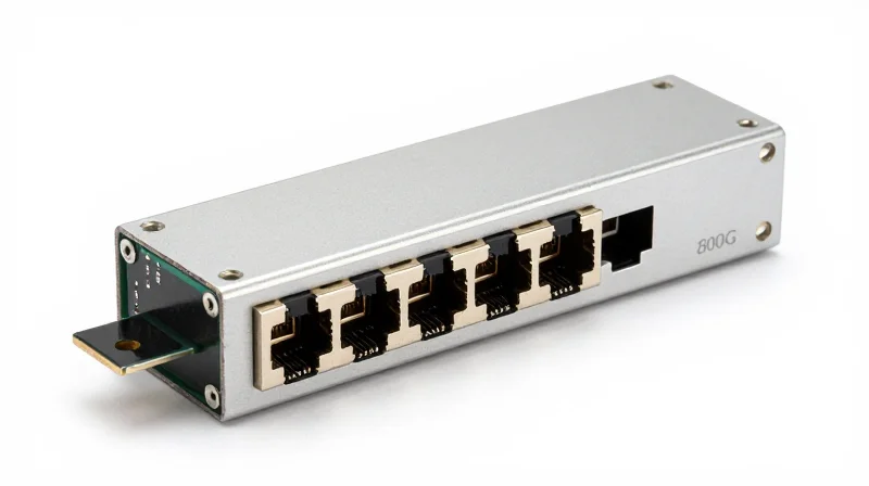 Ubytelink Engineering: Purpose-Built for Immersion Environments A high-resolution product shot of a premium 800G optical module with metallic hermetic sealing on a white background.