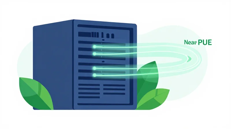 Sustainability and Power Usage Effectiveness (PUE) Gains A clean flat vector illustration showing a green server rack icon inside a leaf, representing data center sustainability and energy efficiency.