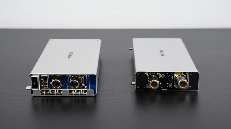 Technical Specifications: OSFP and QSFP-DD Support Two high-speed optical transceivers, OSFP and QSFP-DD, shown side-by-side on a dark table to compare their physical designs.