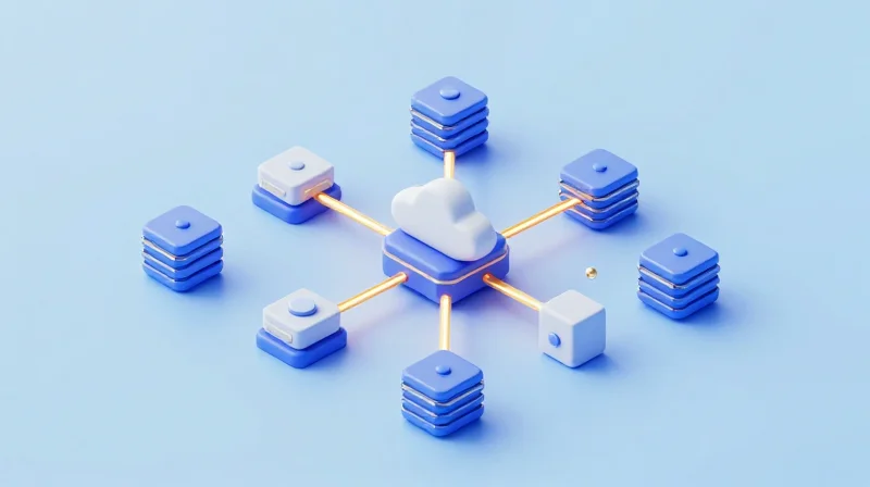 The Future of Scalable Infrastructure with Ubytelink An isometric 3D illustration of a future-proof data center infrastructure with modular server blocks and glowing connection lines.