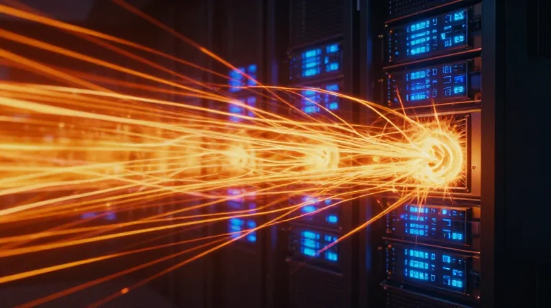 Abstract visualization of intense heat energy within a server rack, represented by glowing orange and blue light trails.