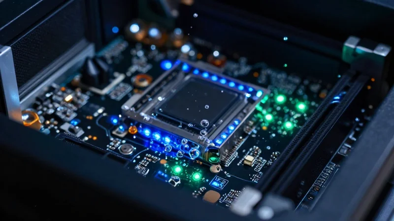 A high-tech server rack fully submerged in clear dielectric cooling fluid with subtle bubbles and glowing LED lights.