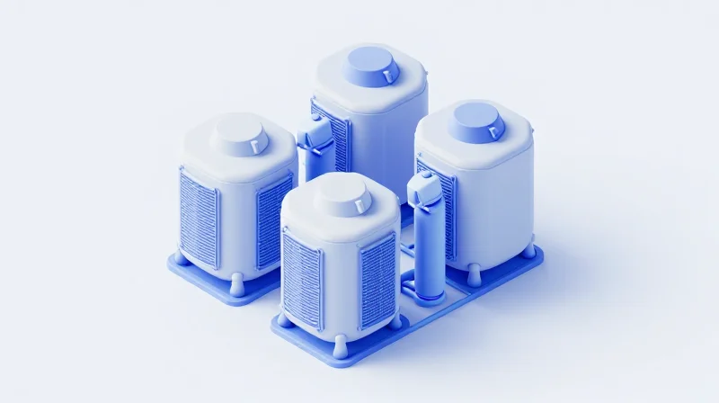 Isometric 3D illustration of a modular data center immersion cooling tank with detailed components and connections.