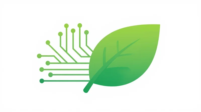 Flat vector illustration of a green leaf integrated with a digital circuit board, representing green technology and sustainability.