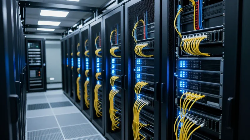 The Strategic Role of LPO in AI Data Center Fabrics Photorealistic view of a modern high-performance AI data center with glowing network cables.