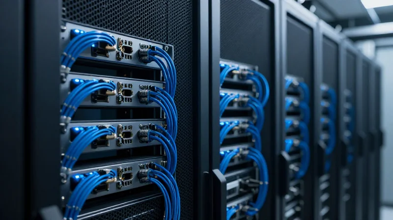 Modern high-performance data center with glowing fiber optic connections and server racks.