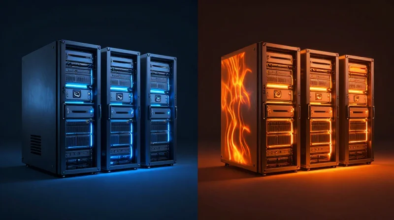 Side-by-side comparison of a cool blue energy-efficient server rack vs a hot orange high-power rack.