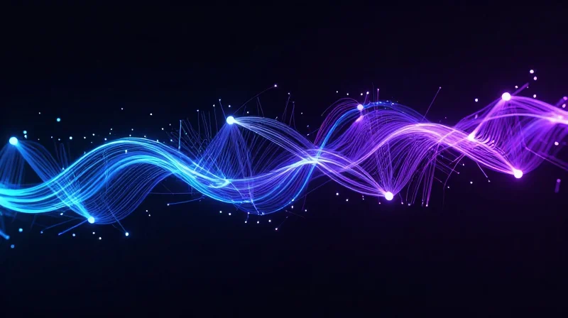 Abstract digital nodes with sharp light trails representing ultra-fast signal transmission.