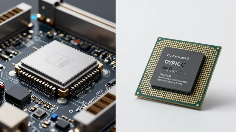Side-by-side layout of a pluggable optical module versus a co-packaged optics silicon chip.