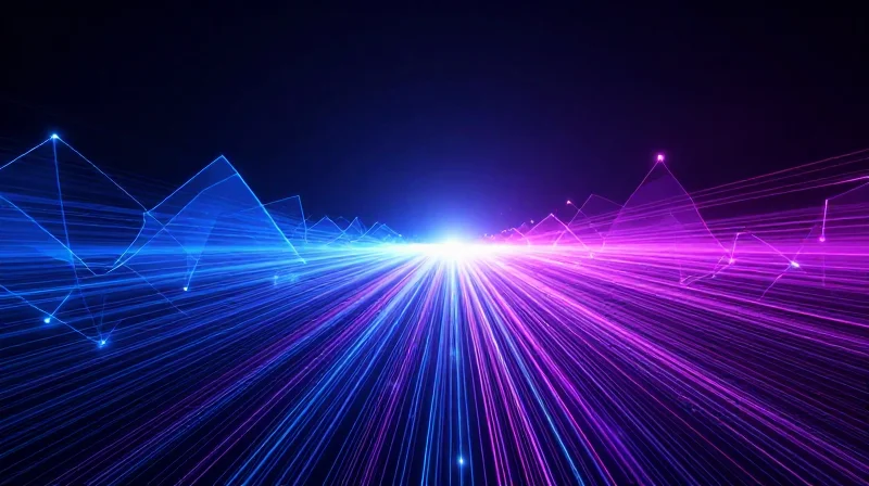 Futuristic digital landscape with layers of glowing data streams representing 1.6T and beyond.