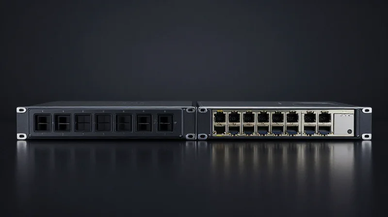 A side-by-side visual comparison of two different optical module internal architectures showing minimalist vs complex designs.