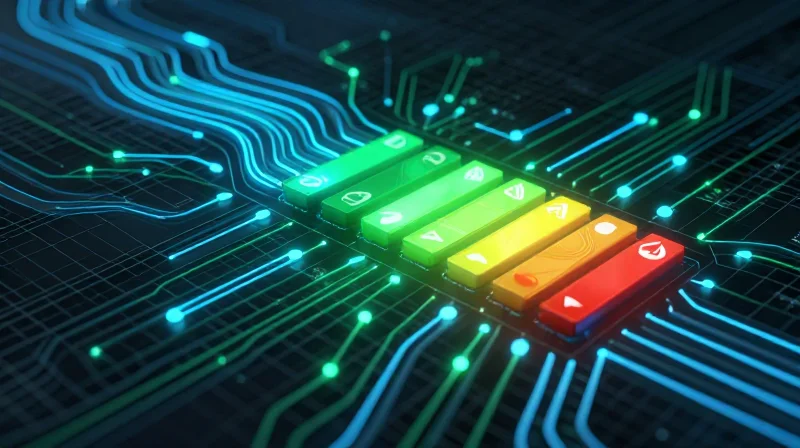 Abstract digital visualization showing energy efficient data flow with glowing green and blue light trails.