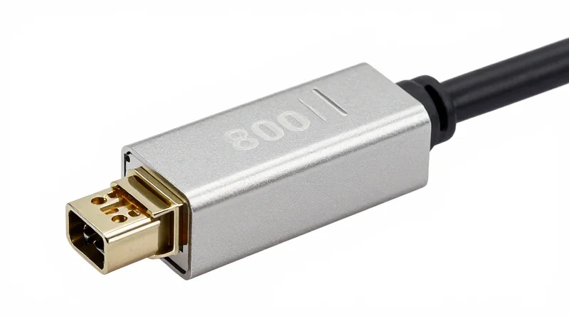 The Anatomy of an 800G AOC Close-up of an 800G AOC connector showing the metallic housing and fiber attachment point.
