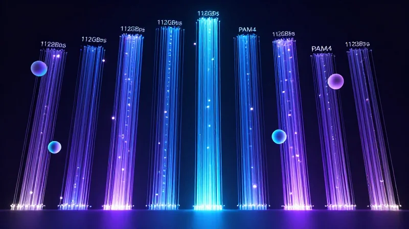 Technical Specifications: PAM4 Modulation and Bandwidth Abstract visualization of 8-lane data signaling and PAM4 modulation streams.