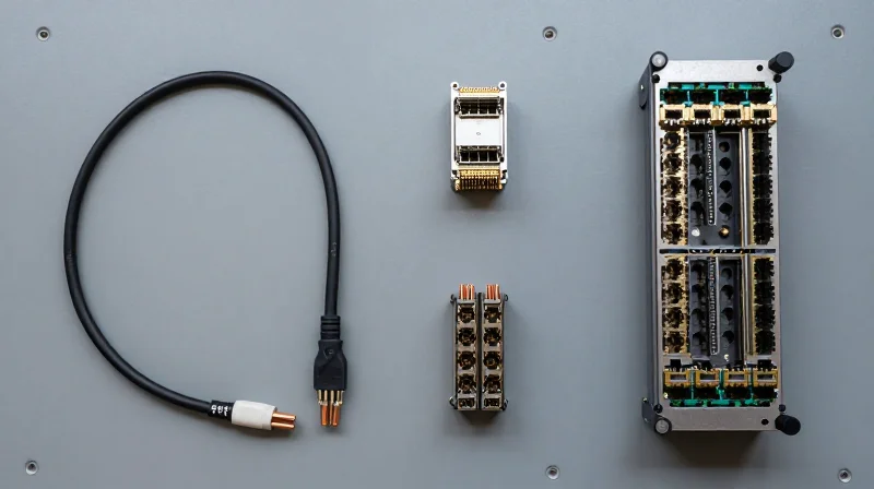 AOC vs. DAC vs. Discrete Transceivers Flat lay arrangement of AOC, DAC, and optical transceivers.
