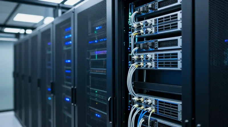 Deployment Strategies for AI and Hyperscale Workloads Photorealistic view of high-density AI server racks with 800G AOC connectivity.