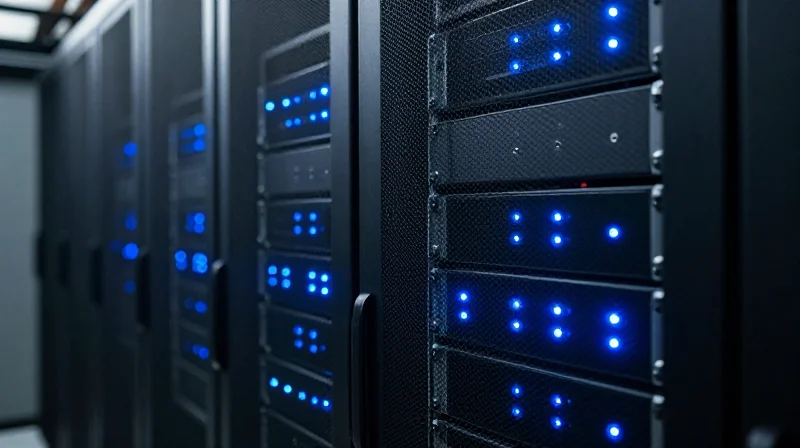 A cinematic close-up of a high-density server rack in a modern data center with blue glowing indicator lights and high-end hardware textures.