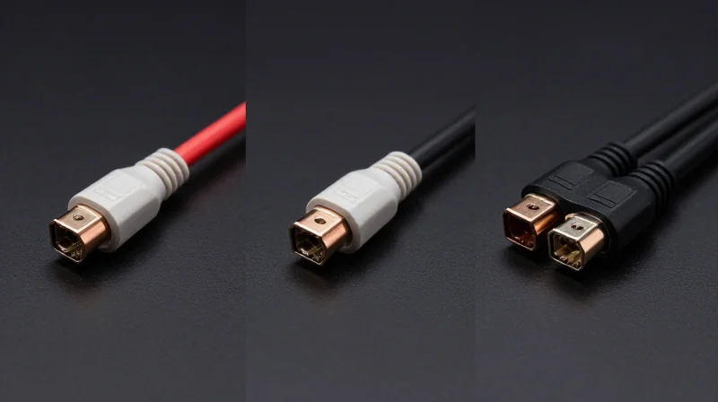 Three different 800G interconnect cable heads arranged side-by-side on a dark reflective surface for comparison.