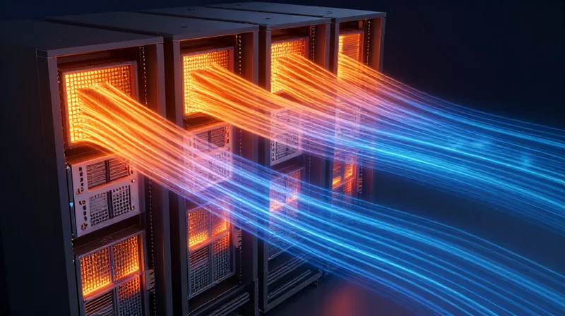 Conceptual image representing thermal efficiency with cool blue energy flows dissipating orange heat within a server environment.