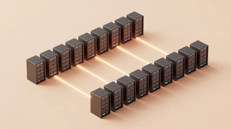 Isometric 3D illustration showing long-reach fiber optic connections between server rows in a data center.