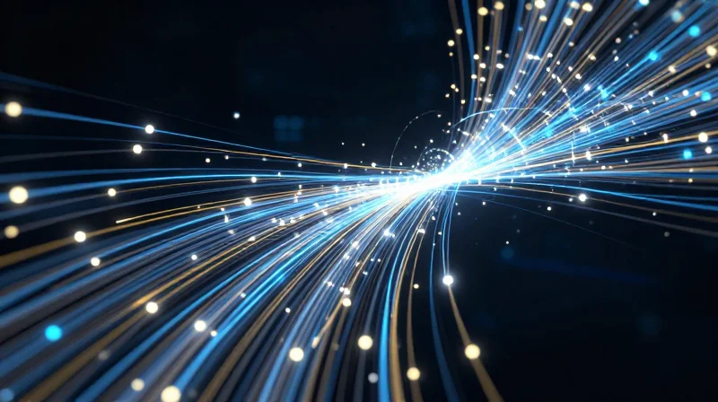 Abstract visualization of massive data streams and glowing digital connections representing high-speed 800G networking.