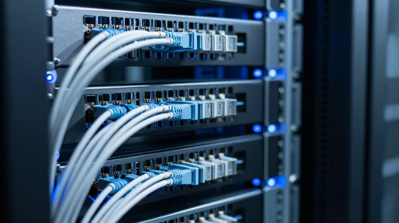 Professional photograph of neatly organized optical cables in a high-density server rack.