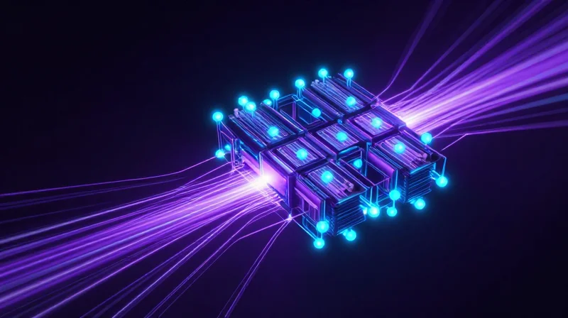 Abstract digital concept of ultra-low latency signal pulses moving across a network of nodes.