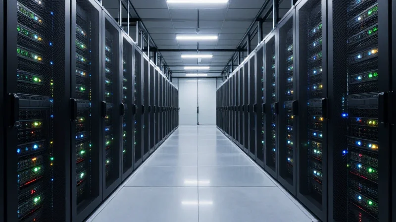 Cinematic wide shot of a massive global data center facility with blue glowing servers.