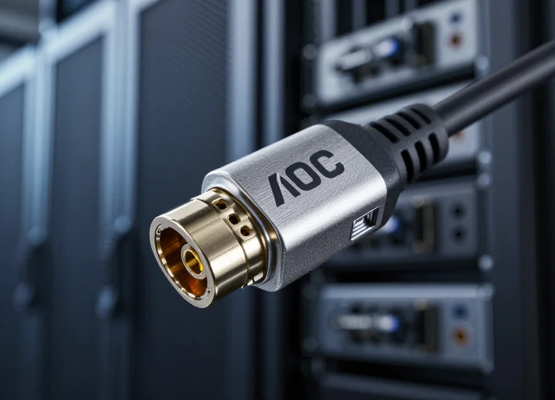 A high-end 800G Active Optical Cable (AOC) connector with a premium metallic finish, set against a blurred professional data center rack background.