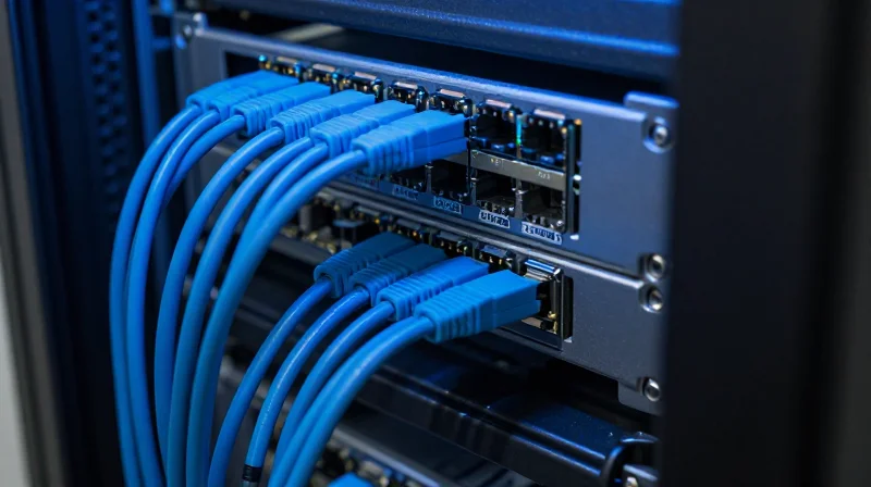 High-density data center rack with blue ambient cooling light
